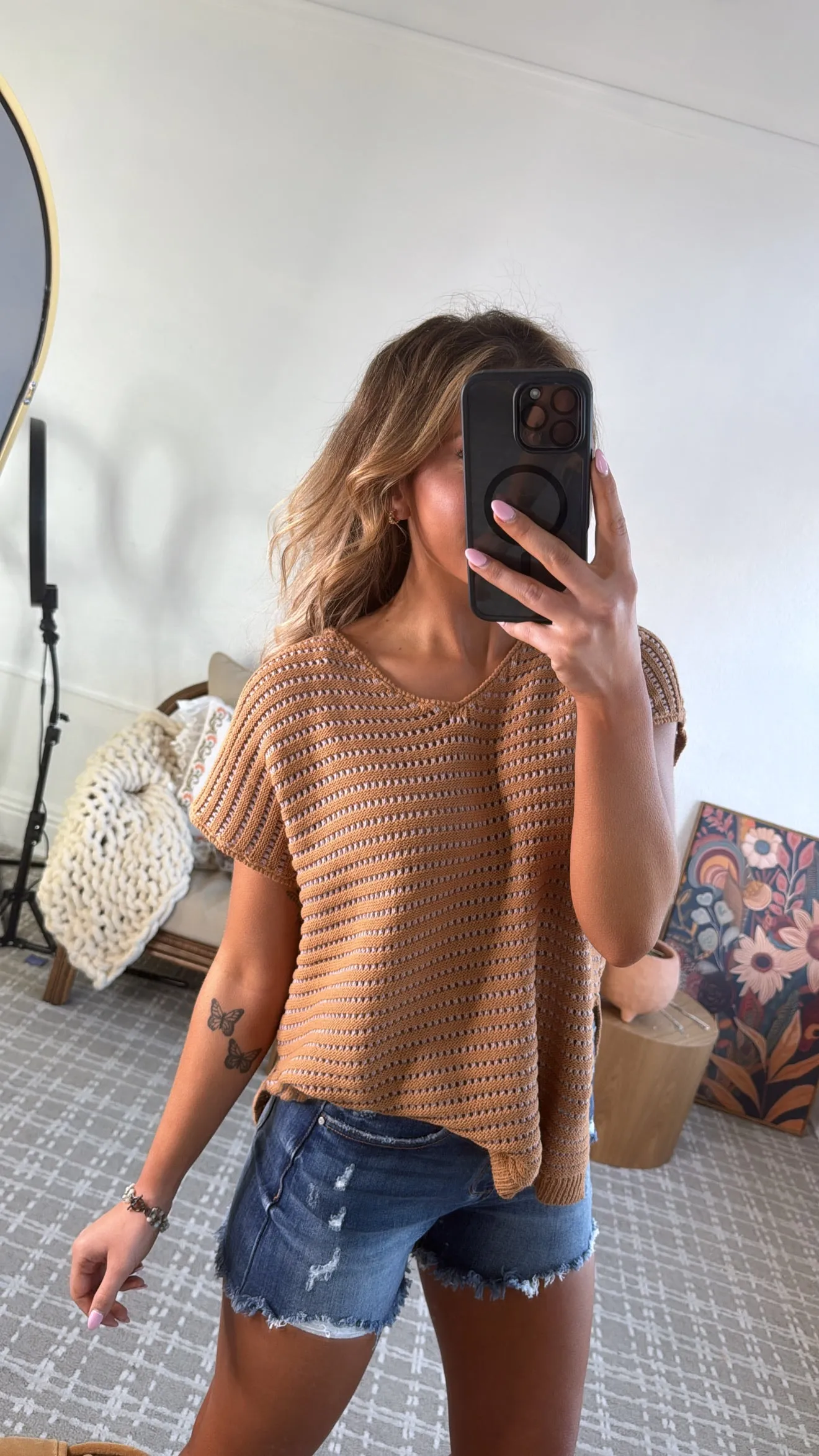 Say Less Short Sleeve Sweater Top, Camel/Pink