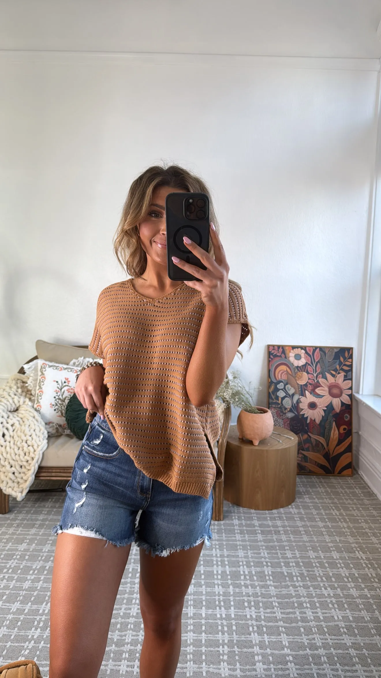 Say Less Short Sleeve Sweater Top, Camel/Pink