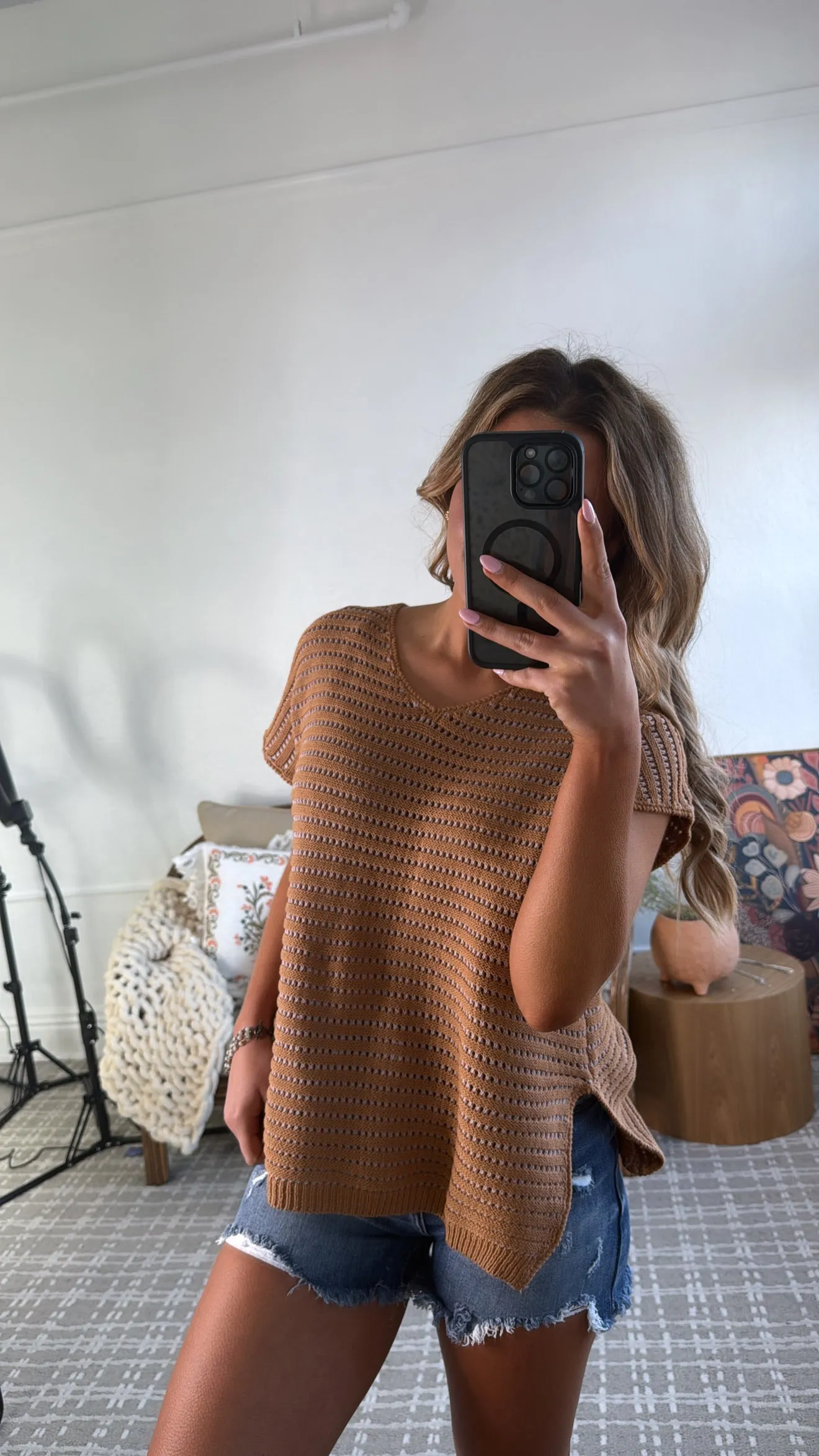 Say Less Short Sleeve Sweater Top, Camel/Pink
