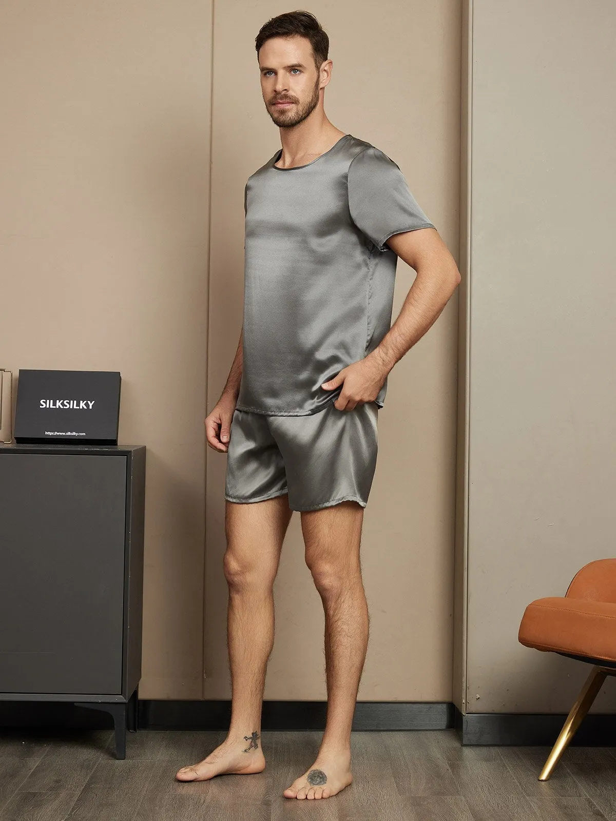 Set van casual herenpyjama's van puur zijde met korte mouwen