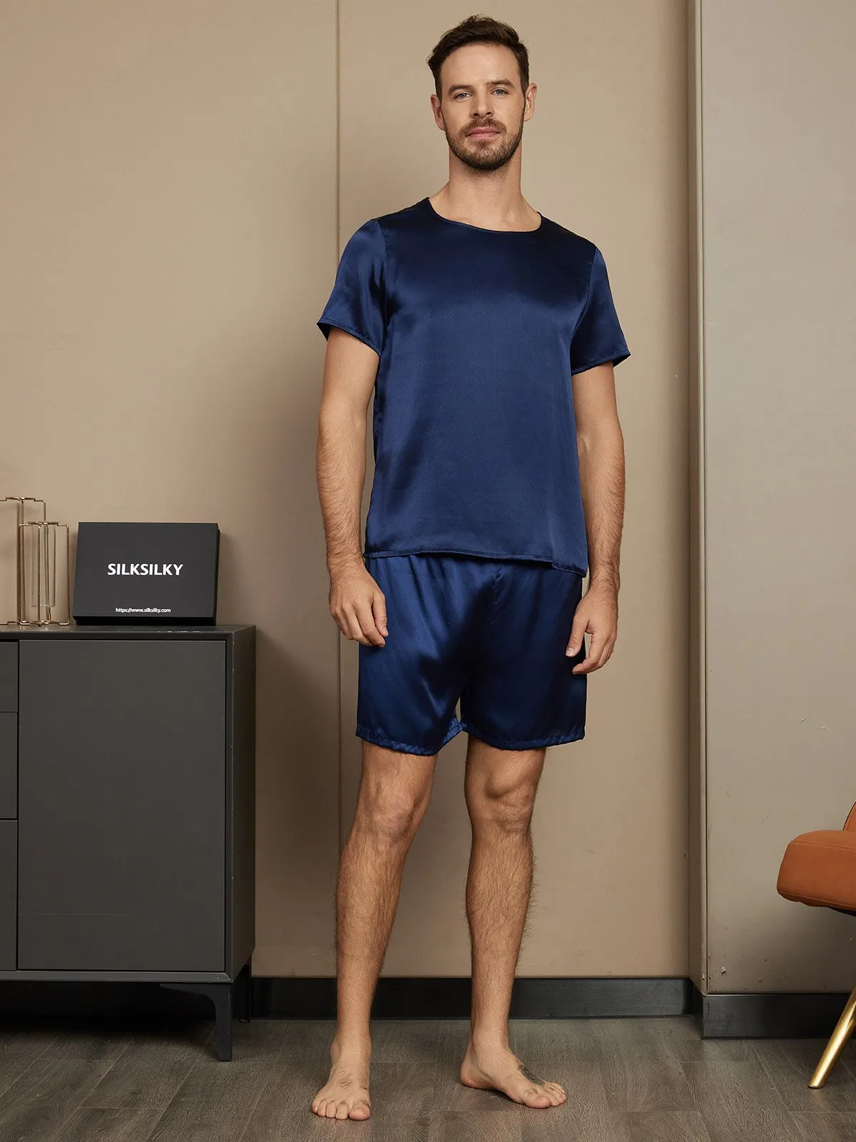 Set van casual herenpyjama's van puur zijde met korte mouwen