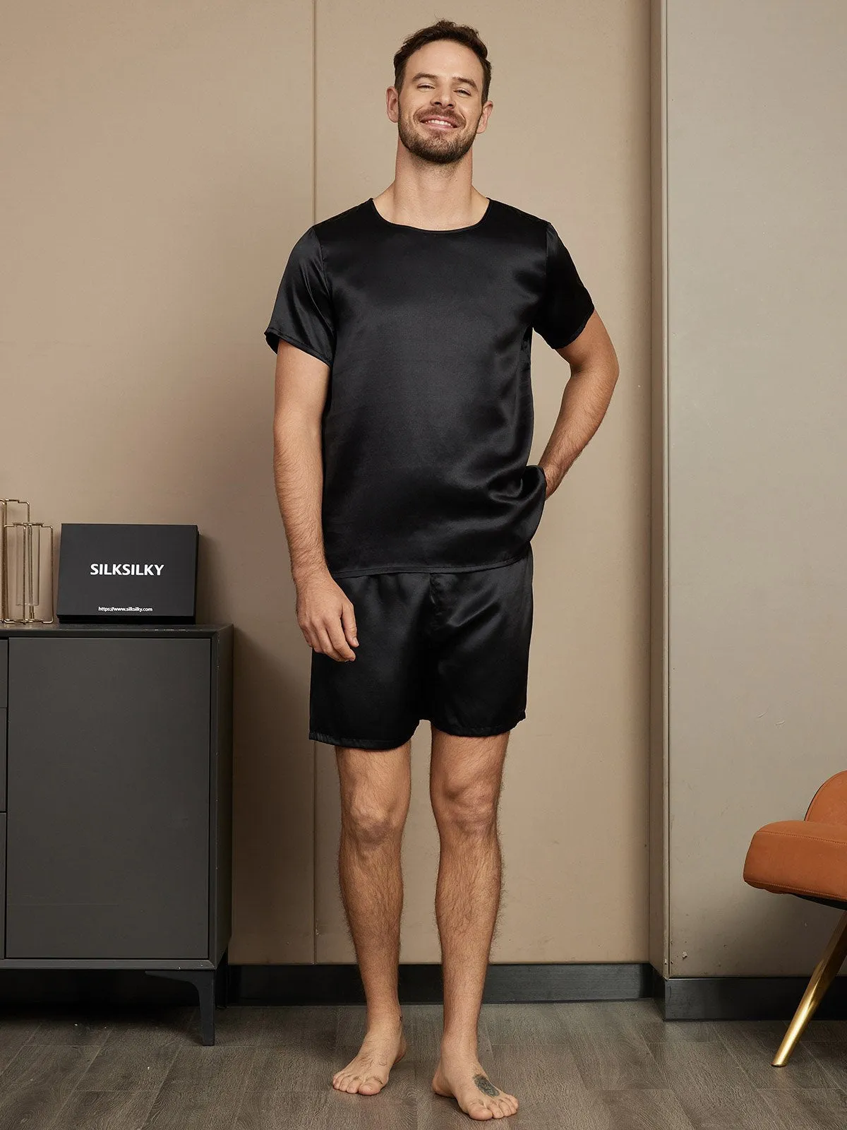 Set van casual herenpyjama's van puur zijde met korte mouwen