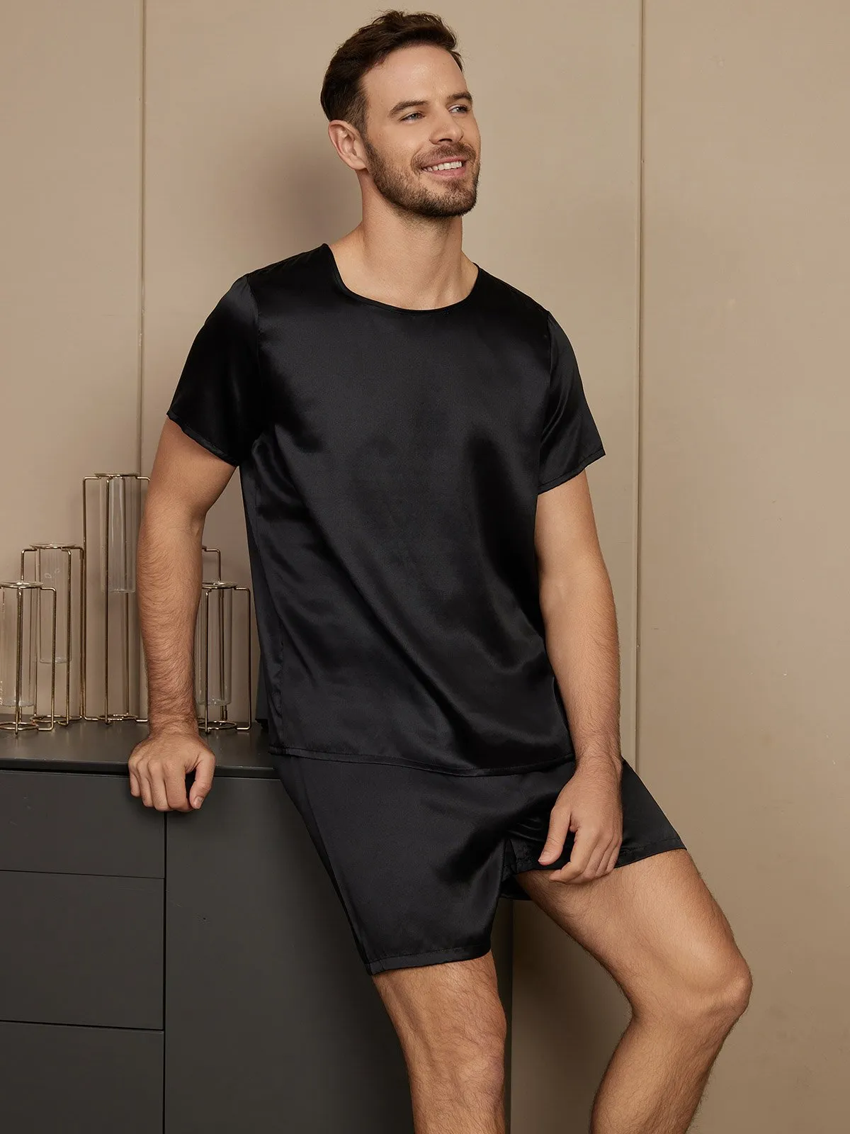 Set van casual herenpyjama's van puur zijde met korte mouwen