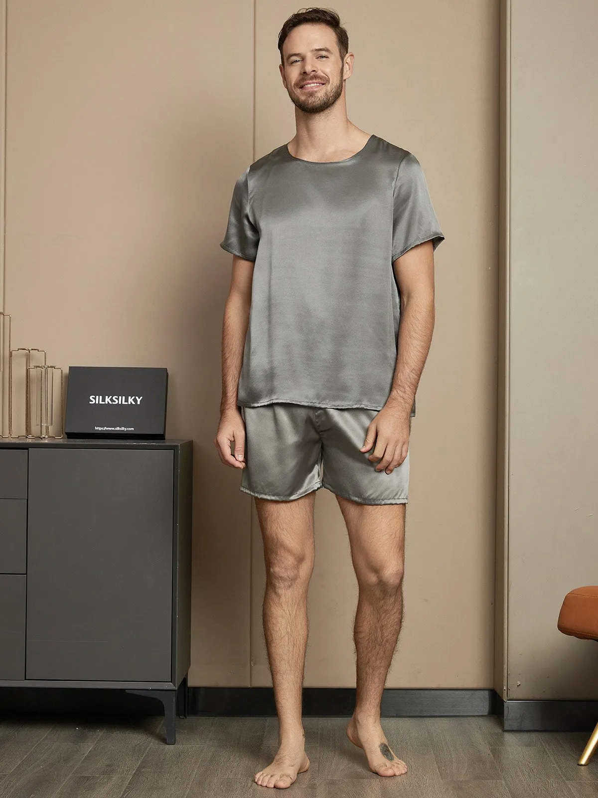 Set van casual herenpyjama's van puur zijde met korte mouwen