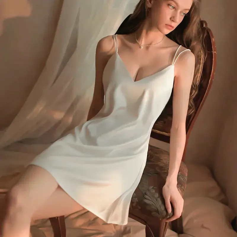 Sexy Solid Satin Nightdress Women Spaghetti Strap Lingerie Pajamas Babydoll Sleepwear Erotic Casual Backless Dresses Sleepdress