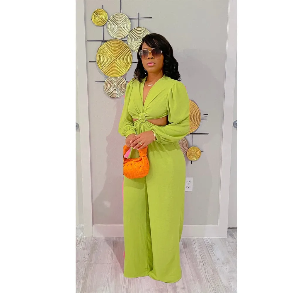 Sexy V Neck Backless Long Jumpsuit Women Long Sleeve Hollow Out