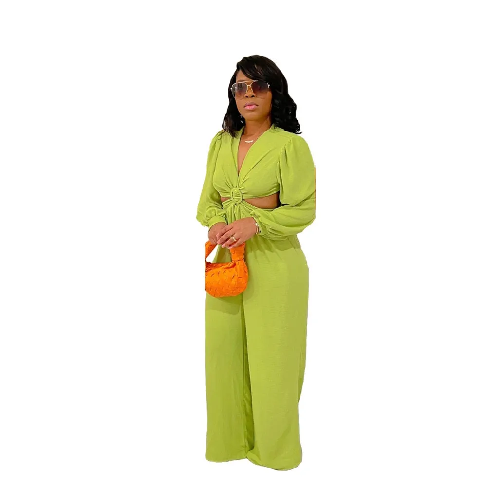 Sexy V Neck Backless Long Jumpsuit Women Long Sleeve Hollow Out