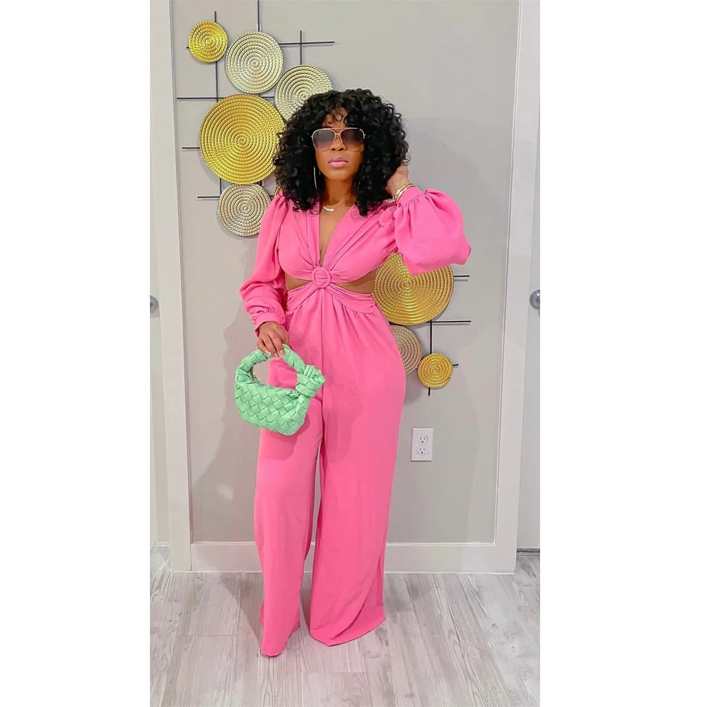Sexy V Neck Backless Long Jumpsuit Women Long Sleeve Hollow Out