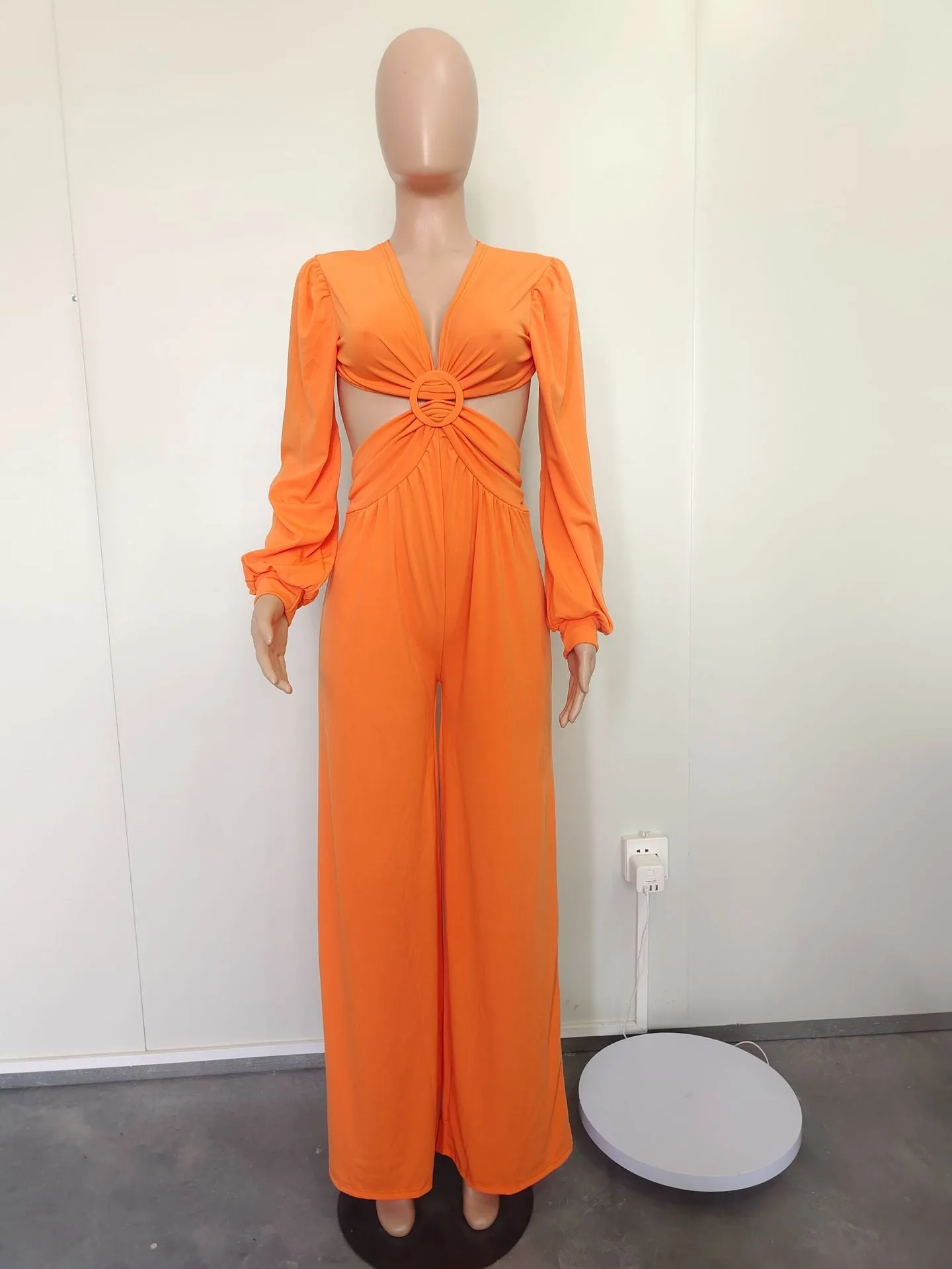 Sexy V Neck Backless Long Jumpsuit Women Long Sleeve Hollow Out