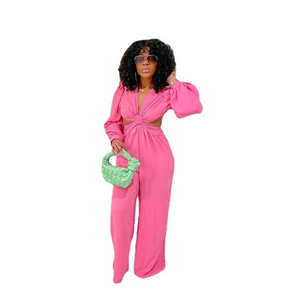 Sexy V Neck Backless Long Jumpsuit Women Long Sleeve Hollow Out