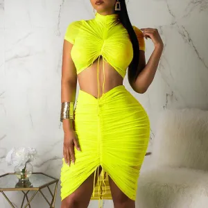 Short Sleeve Pleats Bodycon Top & Skirts Set