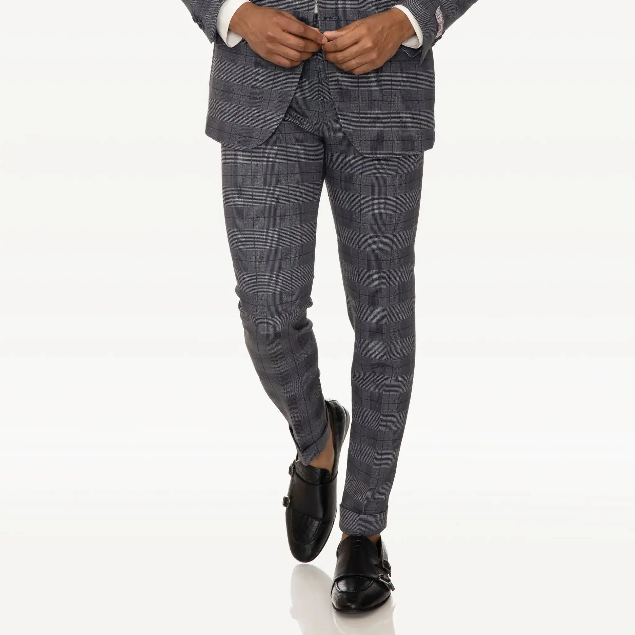 Slim Fit Travel Trousers Black Plaid