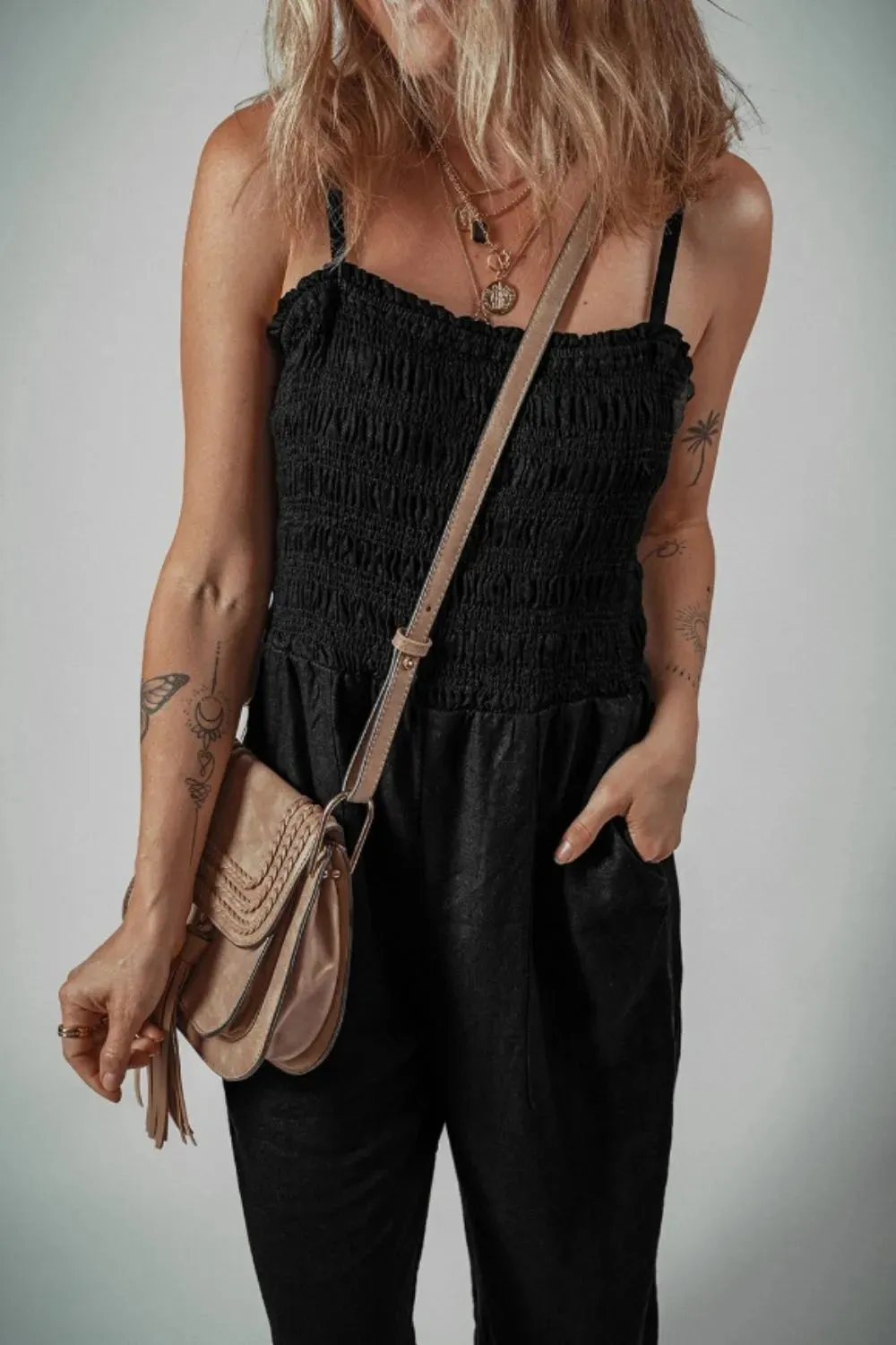Smocked Spaghetti Straps Wide Leg Jumpsuit