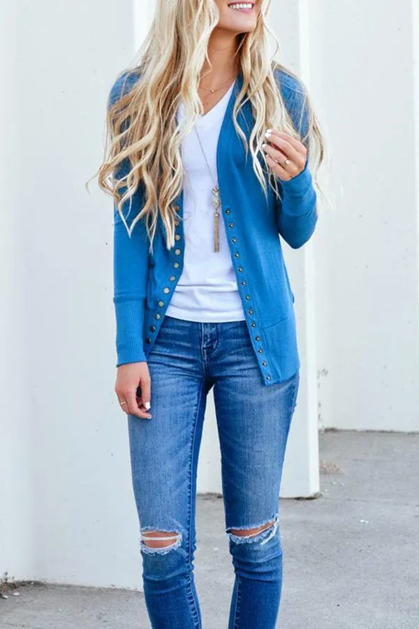 Solid Color V-neck Long Sleeve Cardigan (4 Colors)