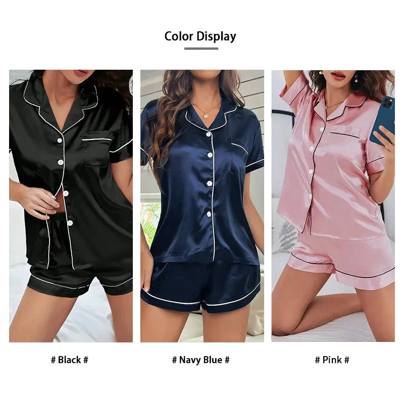 Summer Silk Satin Women Pyjamas Set Button Down Top & Shorts 2 Pieces Sleepwear Notched Collar Nightwear Loungewear for Women