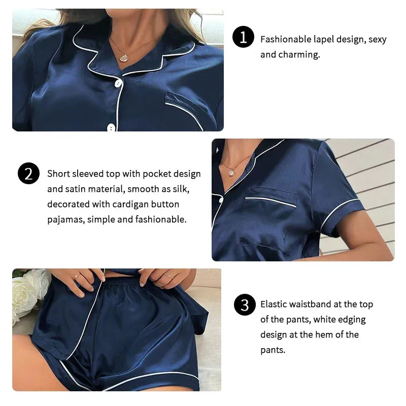 Summer Silk Satin Women Pyjamas Set Button Down Top & Shorts 2 Pieces Sleepwear Notched Collar Nightwear Loungewear for Women