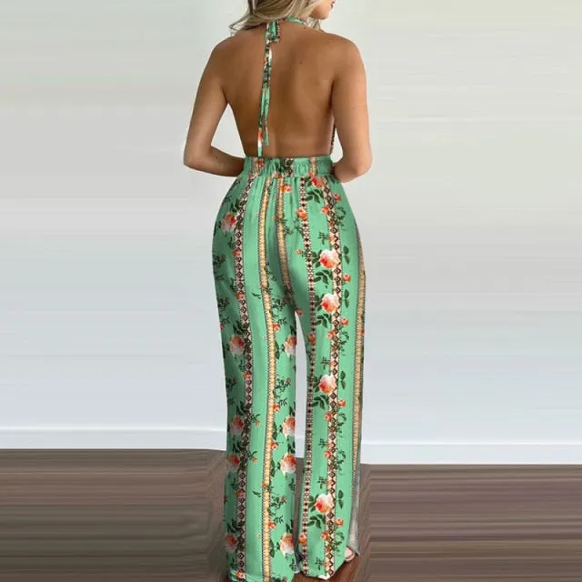 Summer Wide Leg Outfit Loose Casual Tropical Print Halter V Neck Jumpsuit Romper