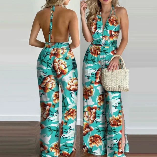 Summer Wide Leg Outfit Loose Casual Tropical Print Halter V Neck Jumpsuit Romper