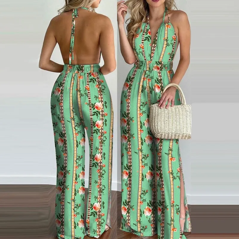 Summer Wide Leg Outfit Loose Casual Tropical Print Halter V Neck Jumpsuit Romper