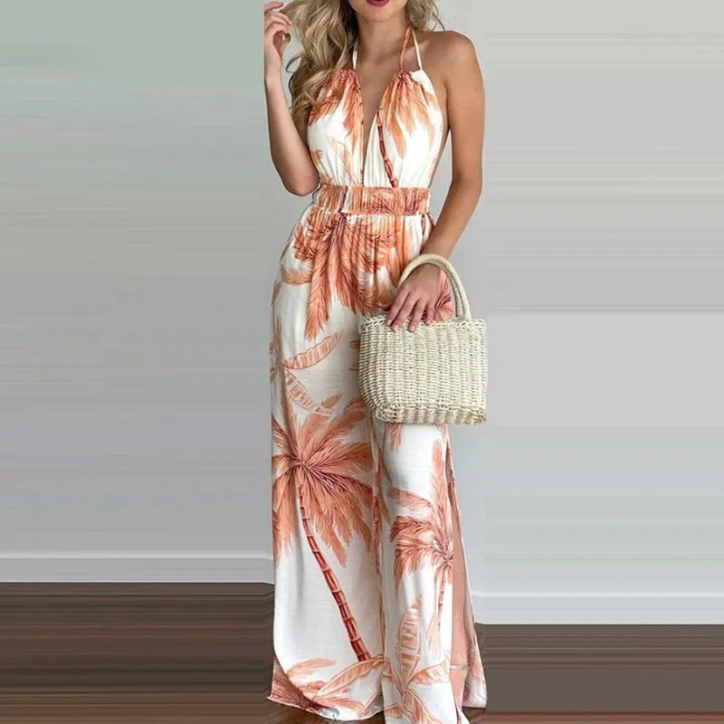 Summer Wide Leg Outfit Loose Casual Tropical Print Halter V Neck Jumpsuit Romper