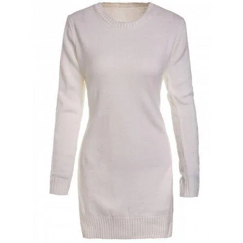 Sweet Round Neck High Slit White Sweater For Women - White M
