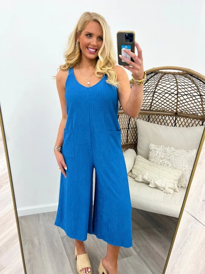 Teal Blue Wide Leg Crinkle Jumpsuit