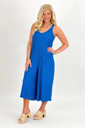 Teal Blue Wide Leg Crinkle Jumpsuit