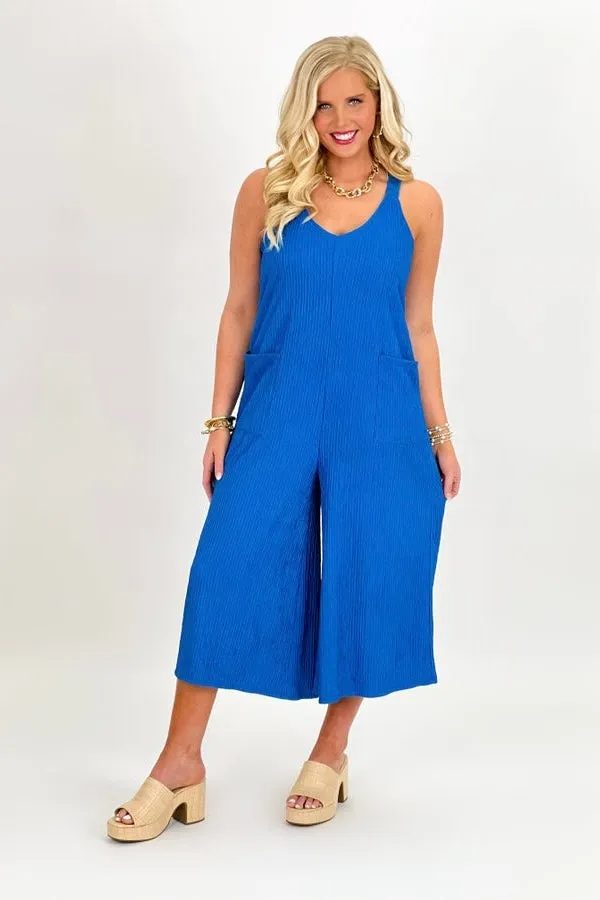 Teal Blue Wide Leg Crinkle Jumpsuit