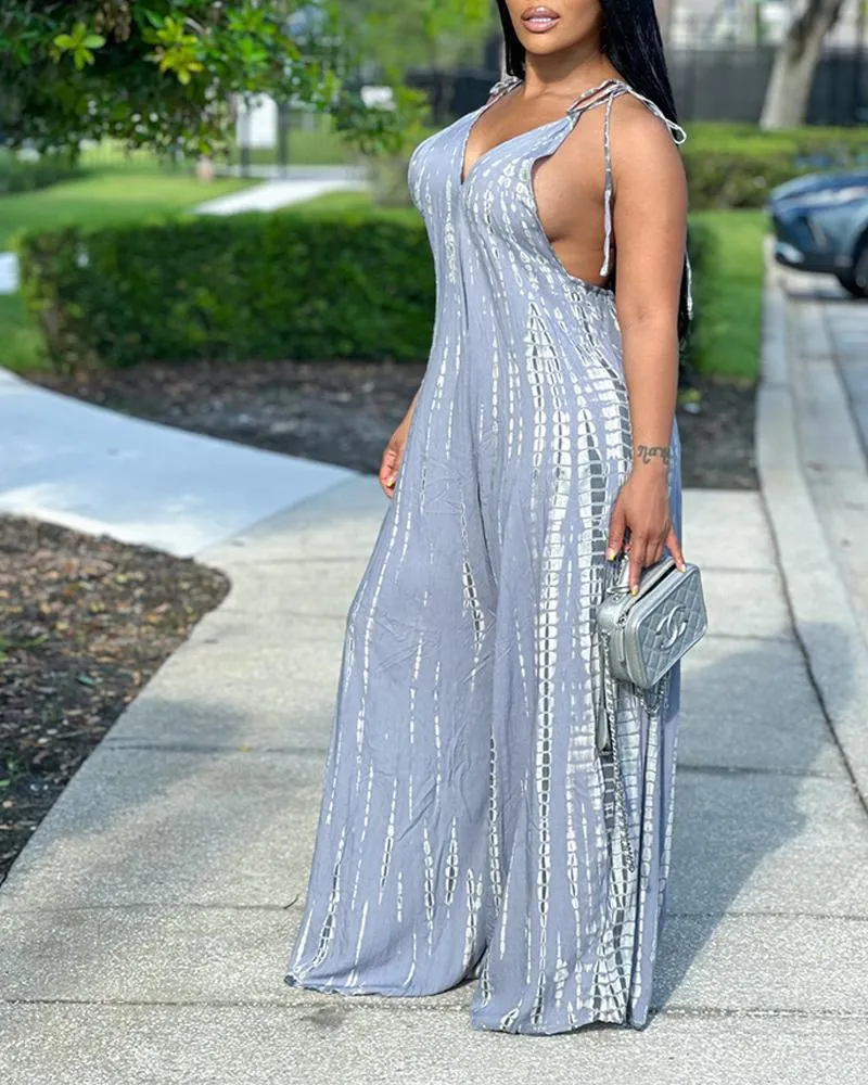 Tie Dye Print Tied Detail Wide Leg Jumpsuit