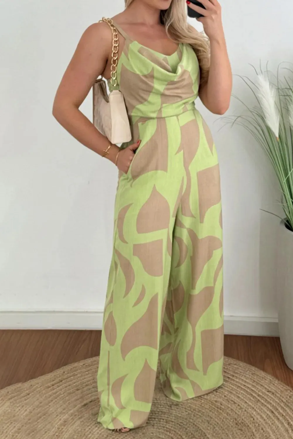 Two-Tone Spaghetti Strap Wide Leg Jumpsuit