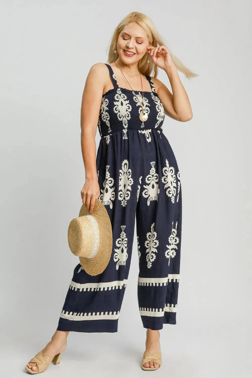 Umgee Smocked Printed Wide Leg Jumpsuit