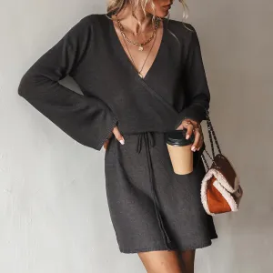 V-neck Drawstring Sweater Dress