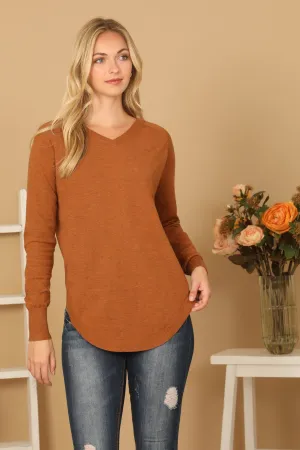V-NECK LONG SLEEVE CURVE HEM SWEATER