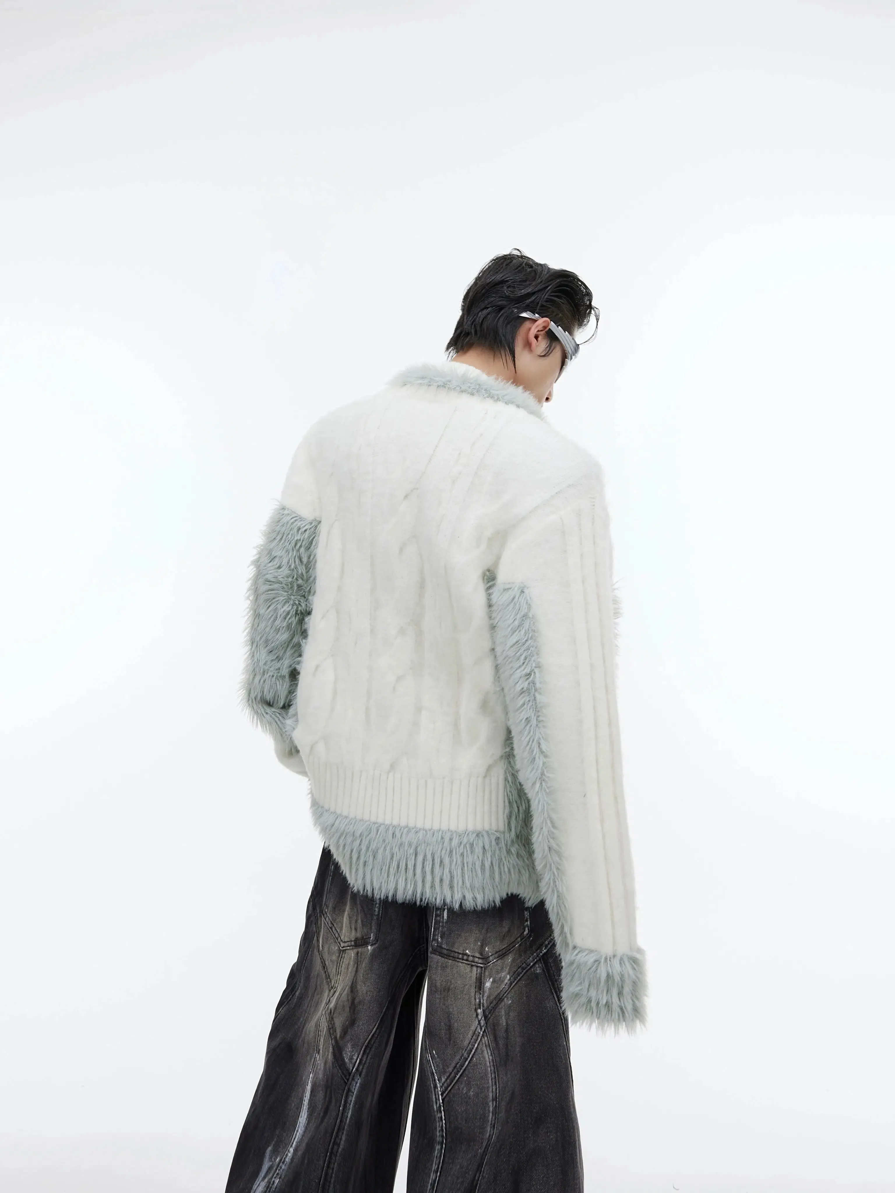 V-neck Plush Knit Patchwork Sweater