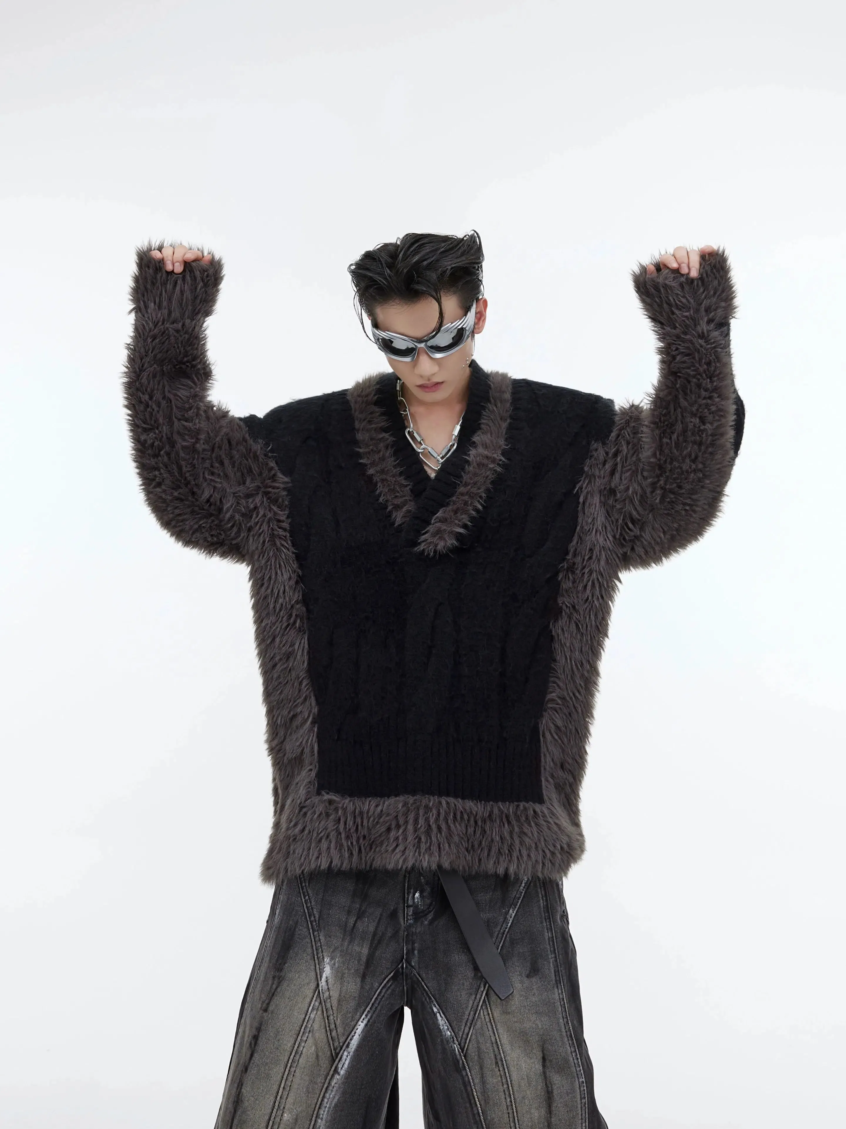 V-neck Plush Knit Patchwork Sweater