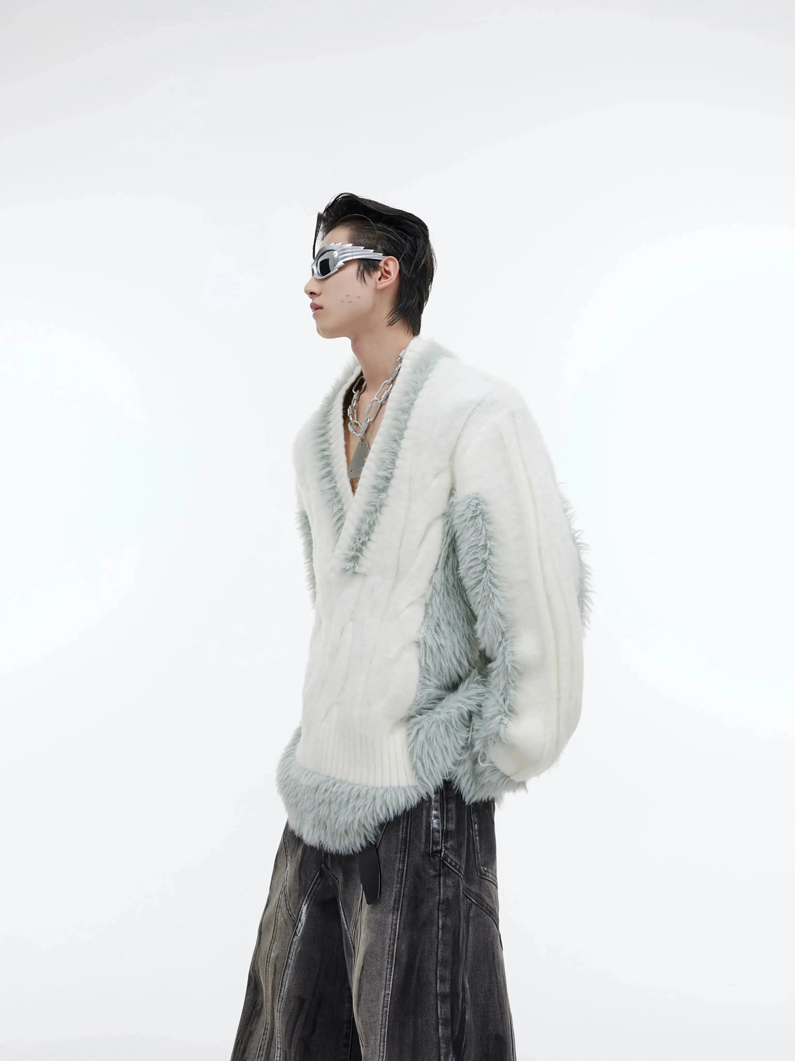 V-neck Plush Knit Patchwork Sweater