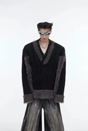 V-neck Plush Knit Patchwork Sweater
