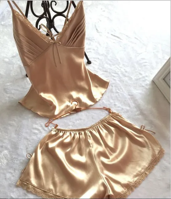 V-Neck rayon silk women's sleepwear spaghetti strap lace pajama set