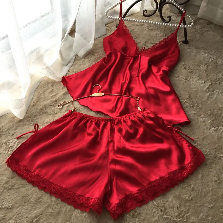 V-Neck rayon silk women's sleepwear spaghetti strap lace pajama set
