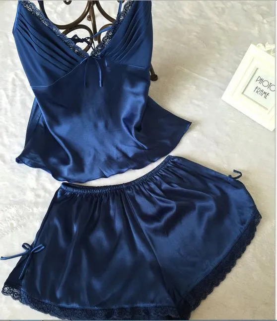 V-Neck rayon silk women's sleepwear spaghetti strap lace pajama set