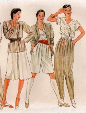 Vogue 8246 Womens Jacket Skirt Top & Pleated Pants or Shorts 1980s Vintage Sewing Pattern Size 10 UNCUT Factory Folded