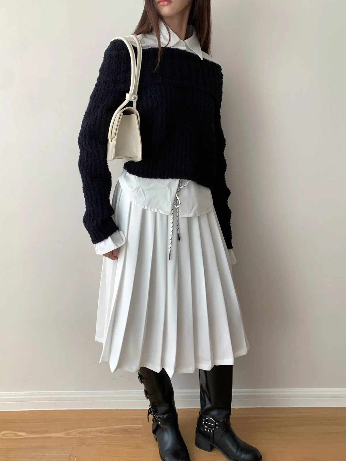 Waist Tie Pleated Maxi Skirt