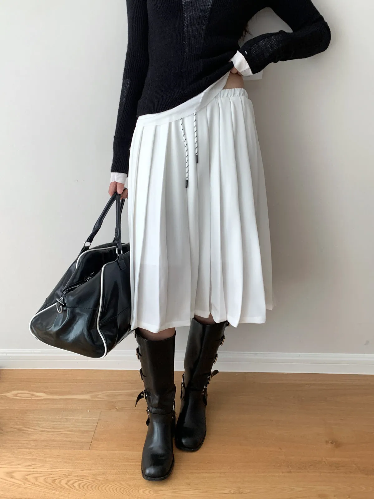 Waist Tie Pleated Maxi Skirt