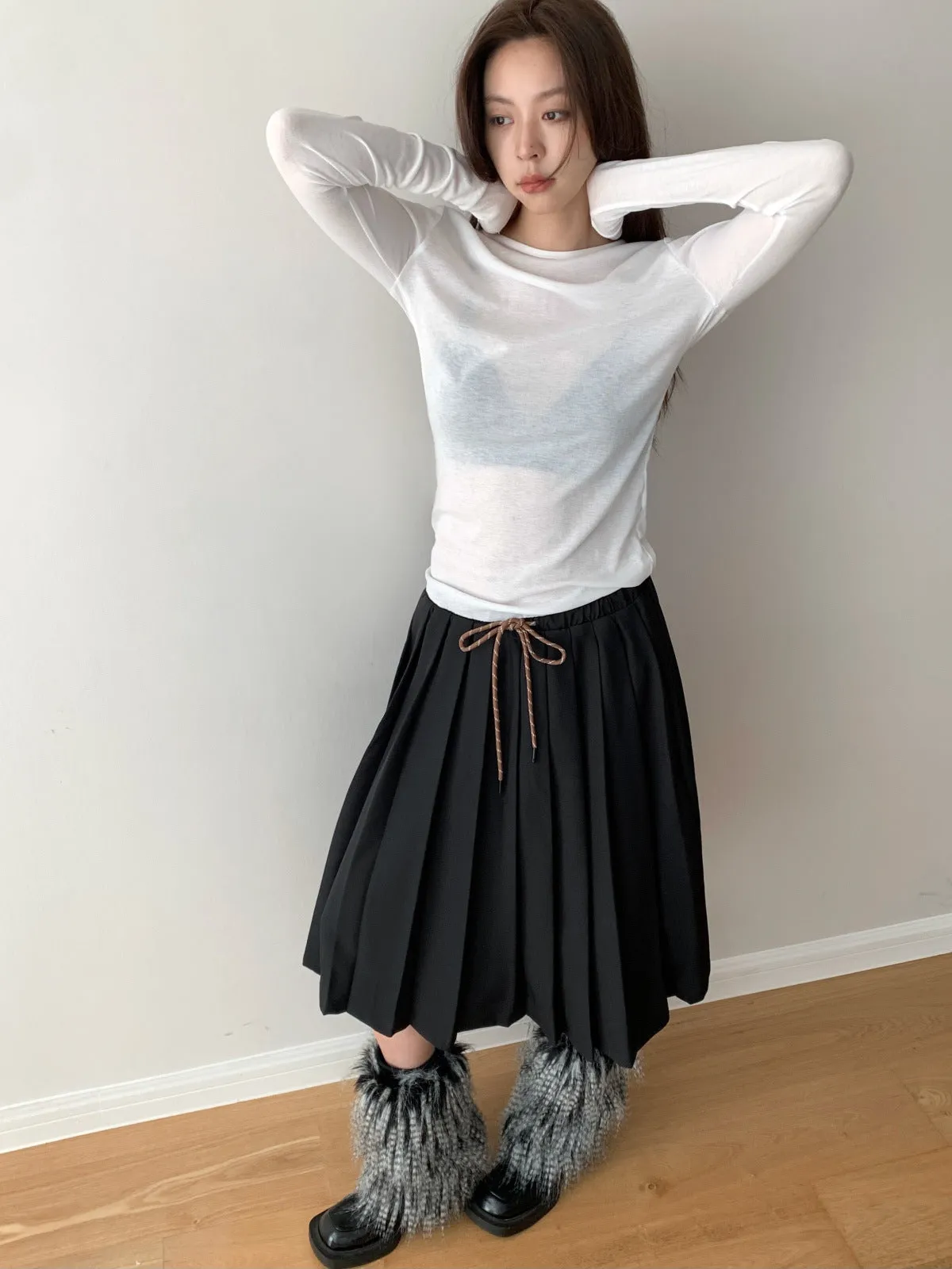 Waist Tie Pleated Maxi Skirt