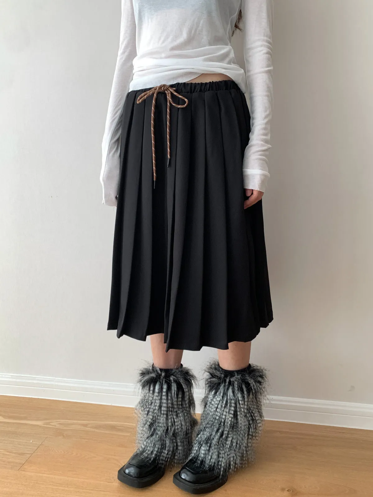 Waist Tie Pleated Maxi Skirt