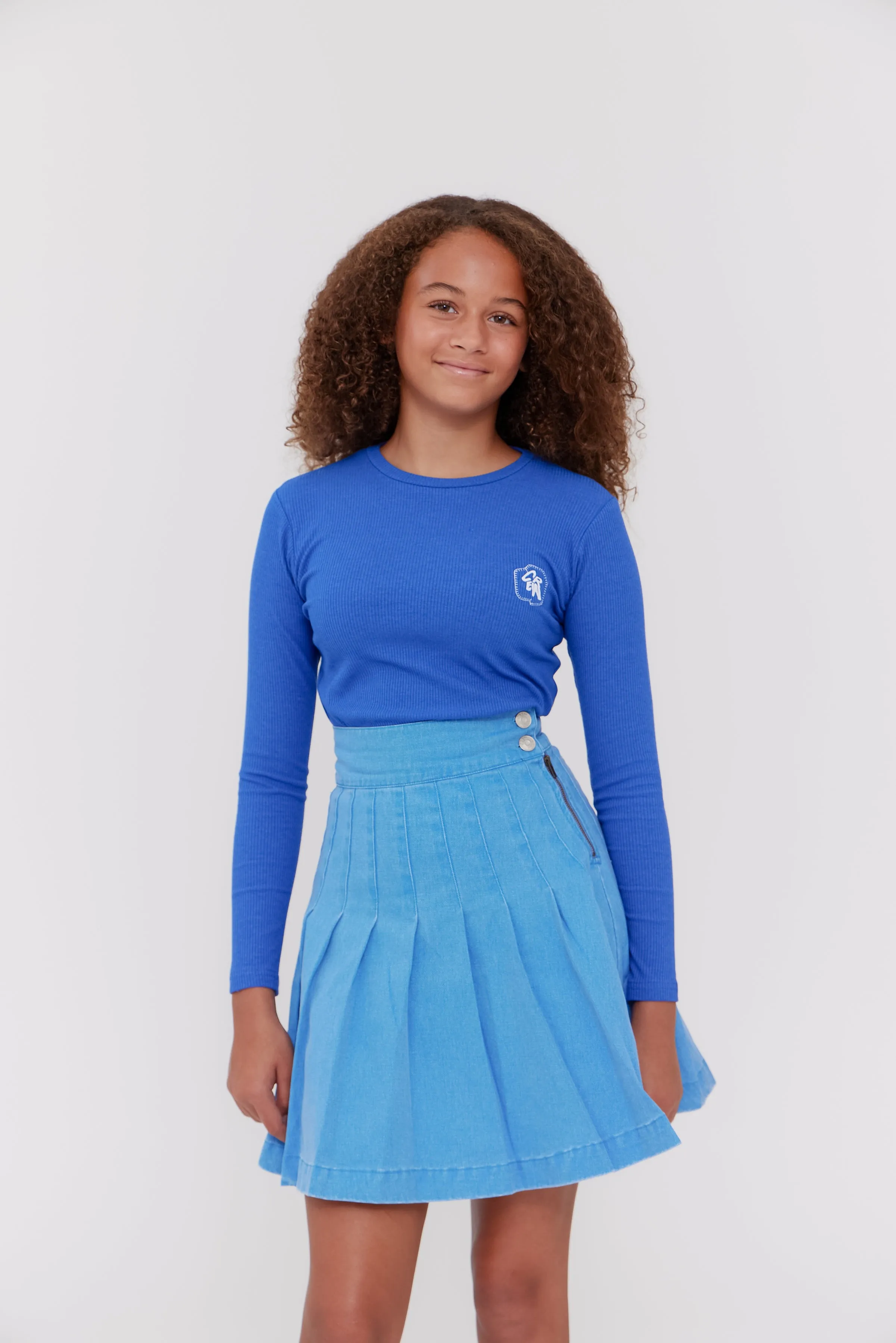 Waisted blue pleated skirt by Crew Basics
