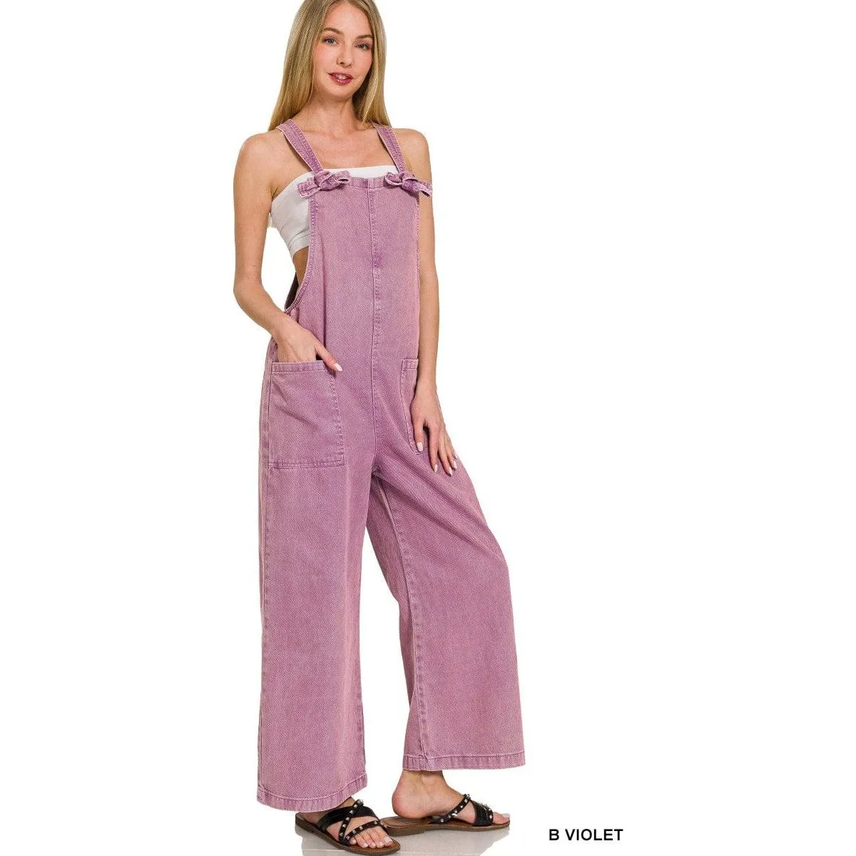 Washed Knot Strap Pockets Jumpsuit