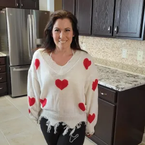 White Distressed and Ripped Red Heart Sweater LT31145