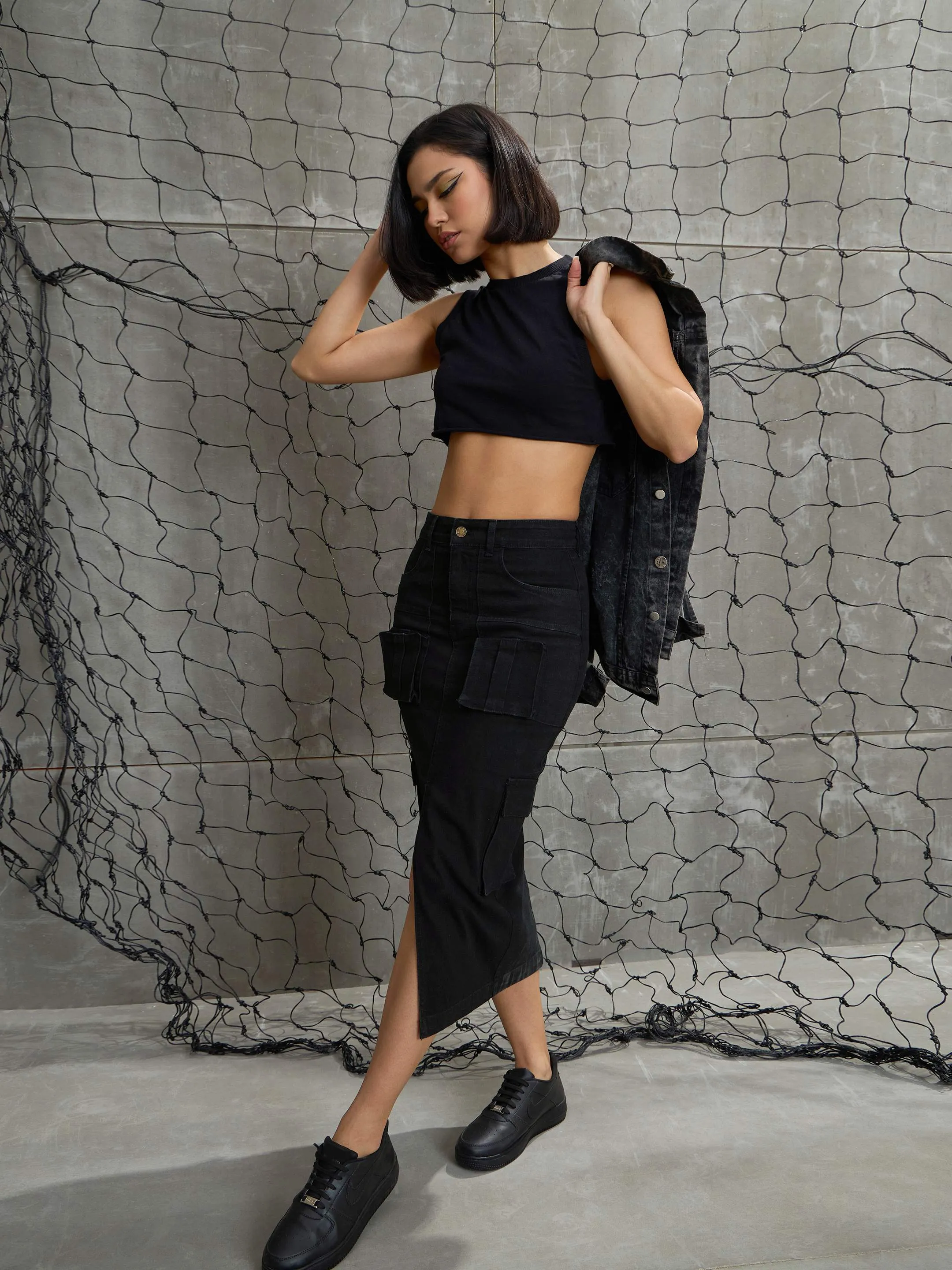 Women Black Denim Box Pocket Midi Skirt