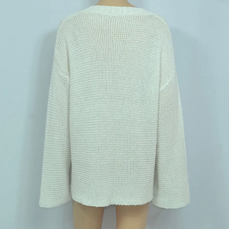 Women V Neck Loose Hollow Out Knitwear Sweater Sexy White Jumper